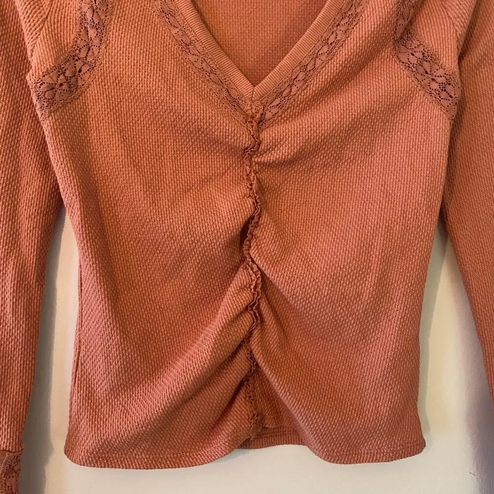 Free People Dusty Pink Romantic Lace V-neck Long Sleeve Top Rouched Women Small